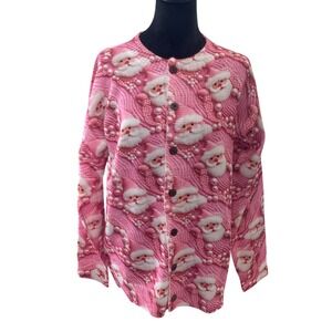 Pink Santa Claus Pearl Print Christmas Cardigan Sweater Womens Long Sleeve L NEW